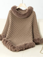 Women's 3/4 Sleeve Poncho with Faux Fur Trim Textured Cape - Camel