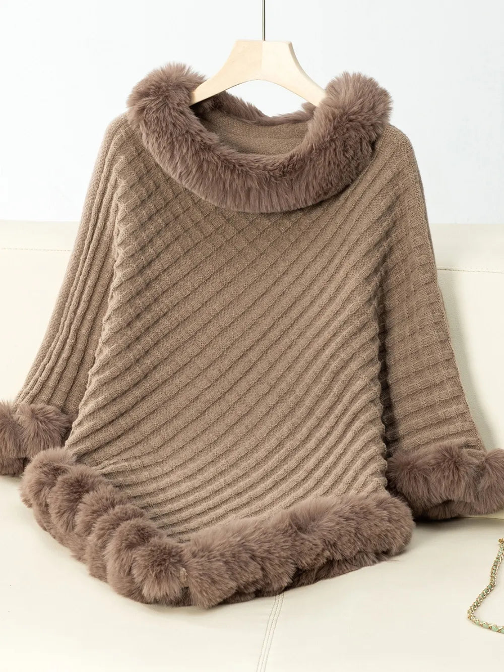 Women's 3/4 Sleeve Poncho with Faux Fur Trim Textured Cape - Camel