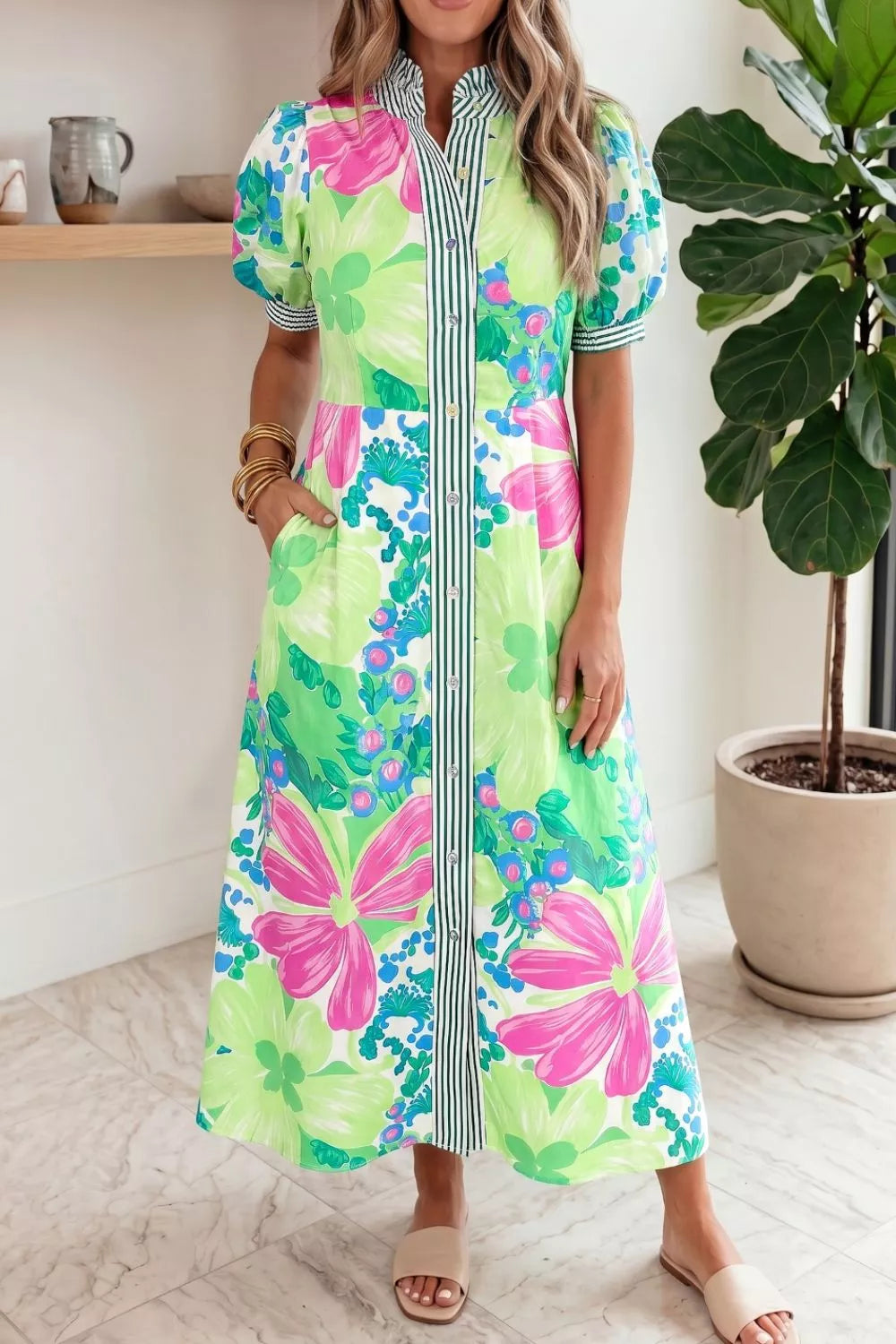 Women's Floral Button-Front Midi Dress with Puff Sleeves - Neon Green