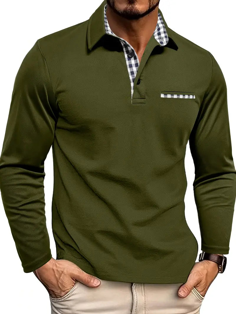 Men's Long Sleeve Cotton Polo Shirt - Green