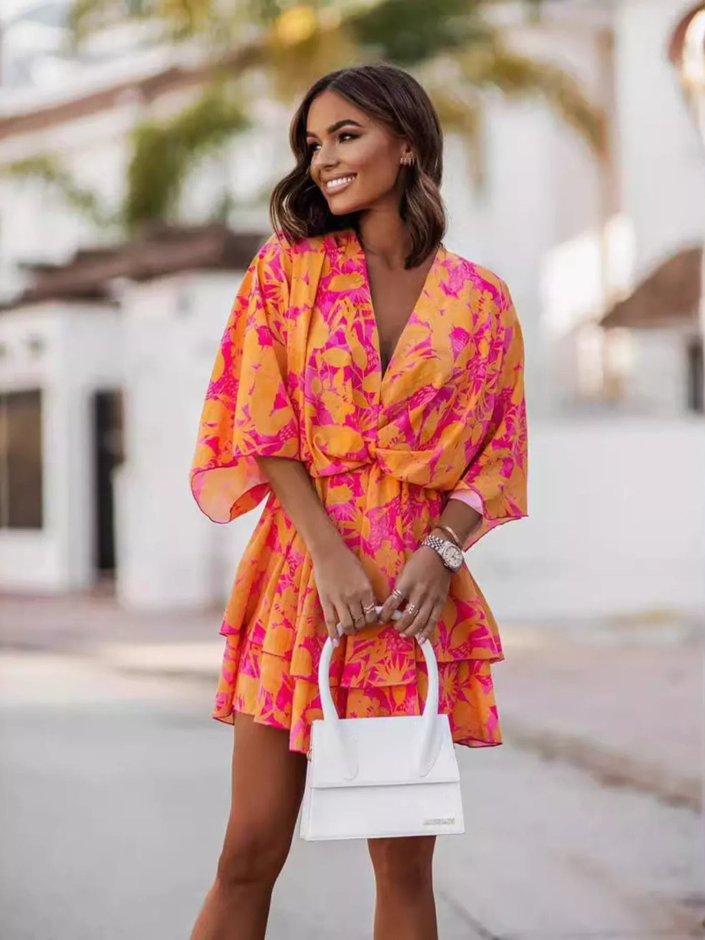 Women's Printed Tiered Wrap Mini Dress - Orange