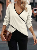 Women's Long Sleeve Wrap Neck Top with Contrast Trim