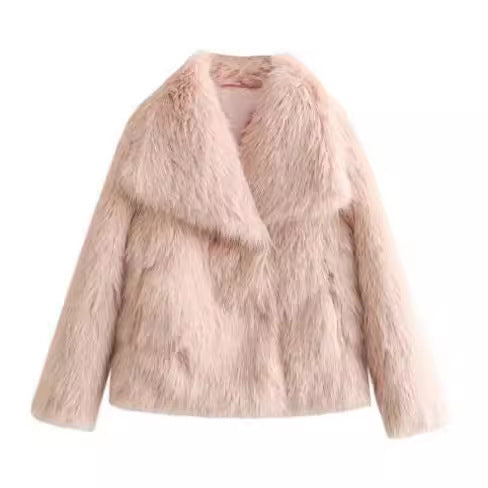 Women's Faux Fur Lapel Coat Warm Padded Winter Coat - Pink