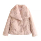 Women's Faux Fur Lapel Coat Warm Padded Winter Coat - Pink