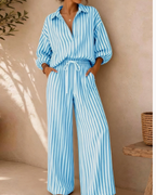 Women's Striped Shirt and Pants Set - Sky Blue