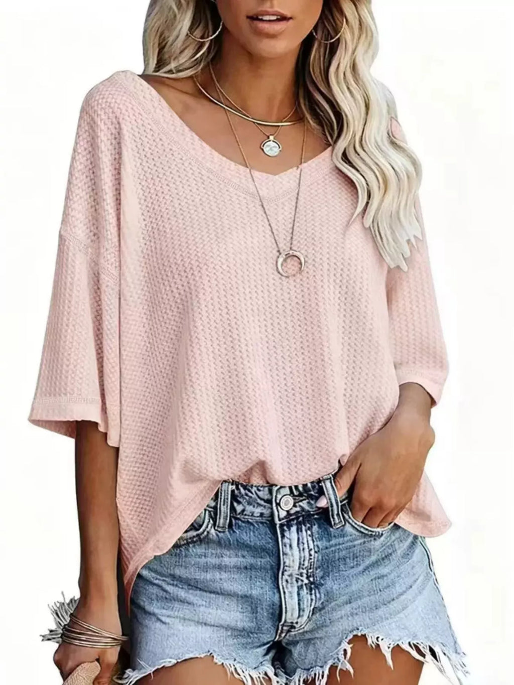 Women's Waffle Knit V-Neck Short Sleeve T-Shirt - Lotus Pink