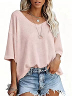 Women's Waffle Knit V-Neck Short Sleeve T-Shirt - Lotus Pink