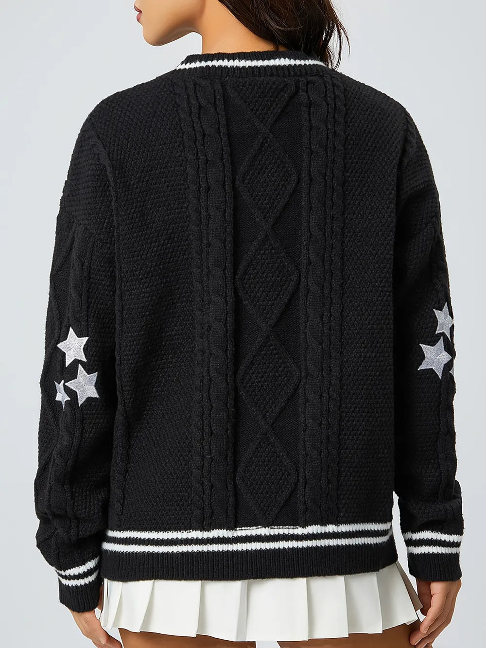 Women's V-Neck Long Sleeve Star Embroidered Knit Cardigan
