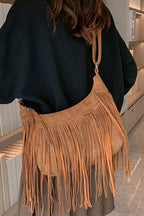 Women's Suede Fringe Shoulder Bag with Adjustable Strap