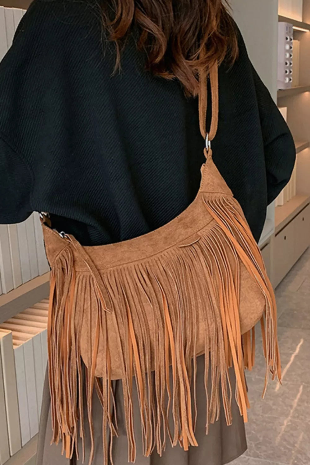 Women's Suede Fringe Shoulder Bag with Adjustable Strap