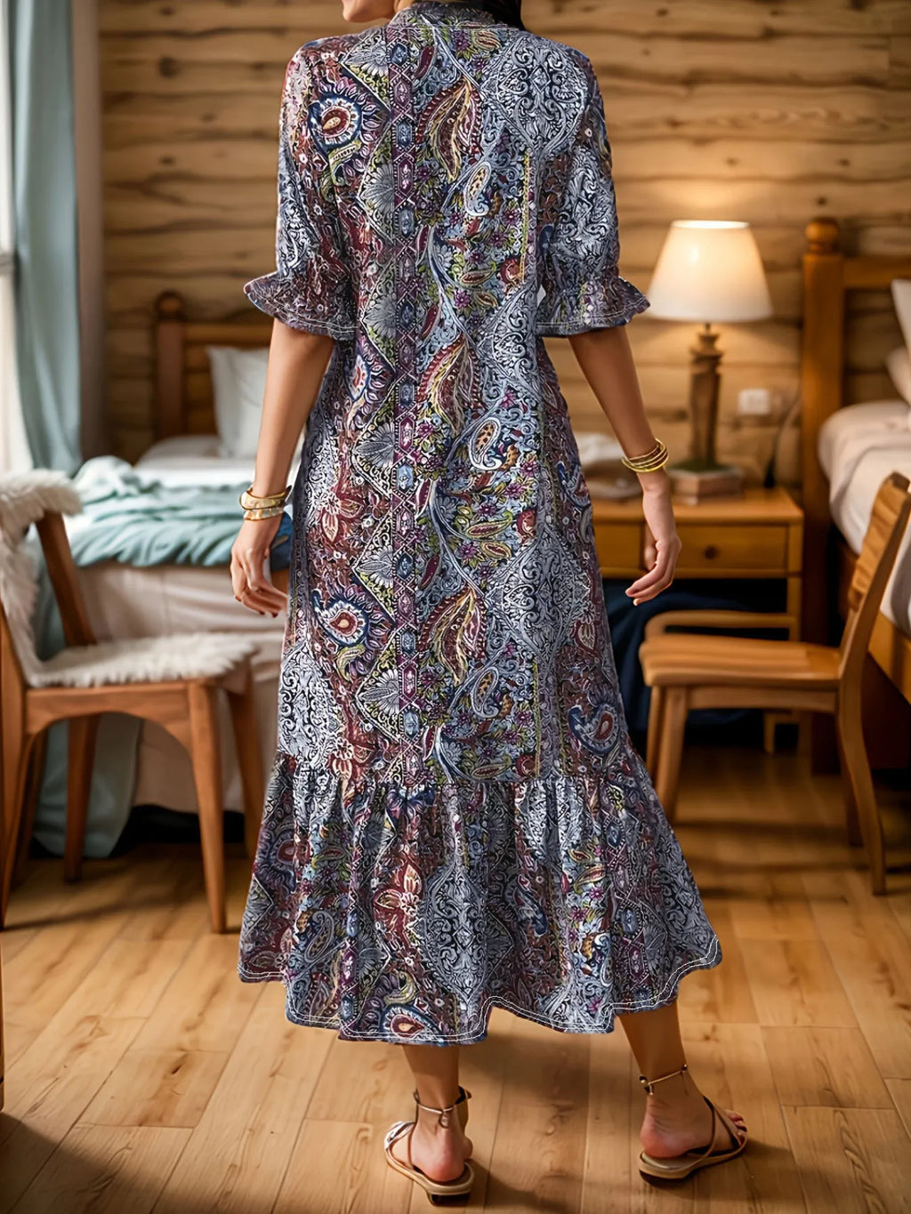 Women's Boho Paisley Midi Dress with Ruffle Hem