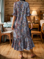 Women's Boho Paisley Midi Dress with Ruffle Hem