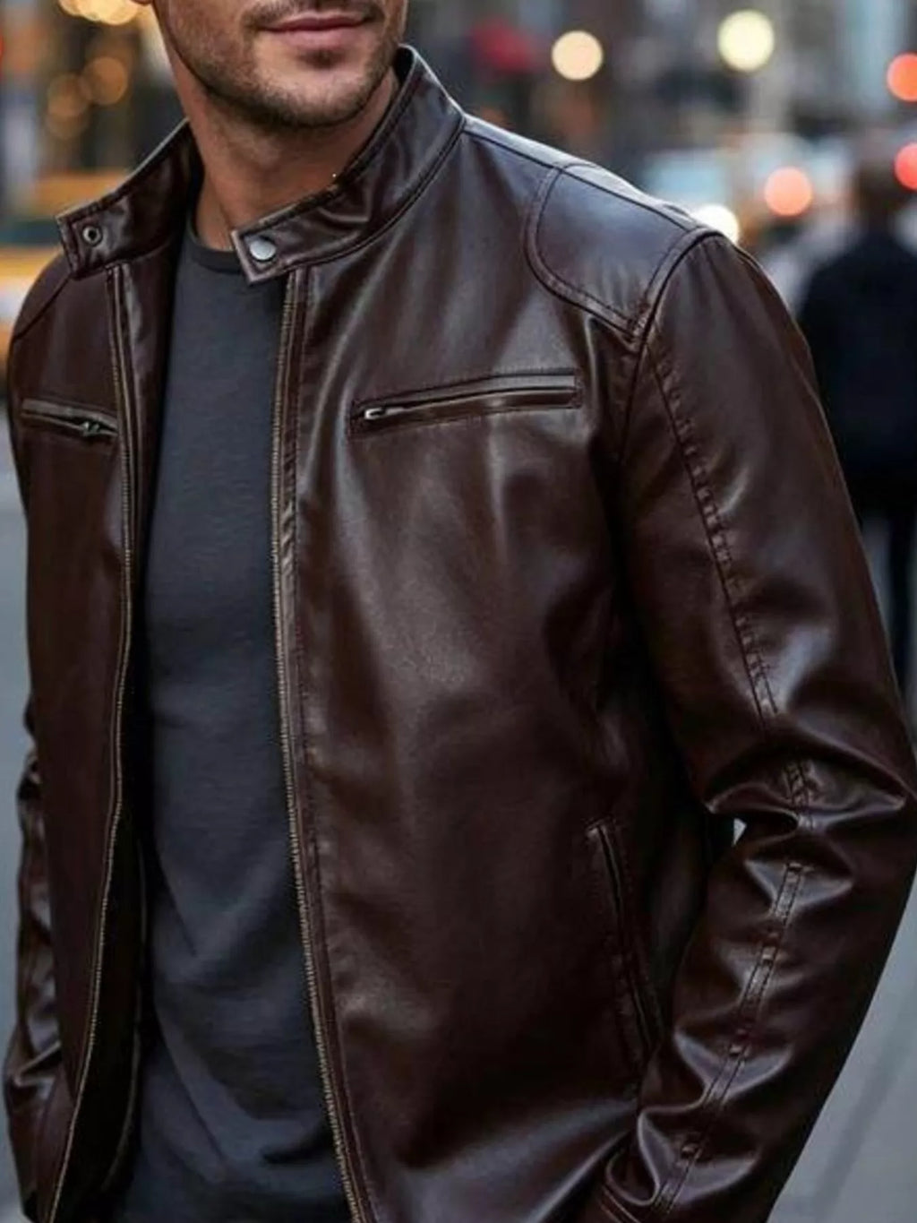 Men's Zip-Up Biker Jacket Big and Tall - Brown