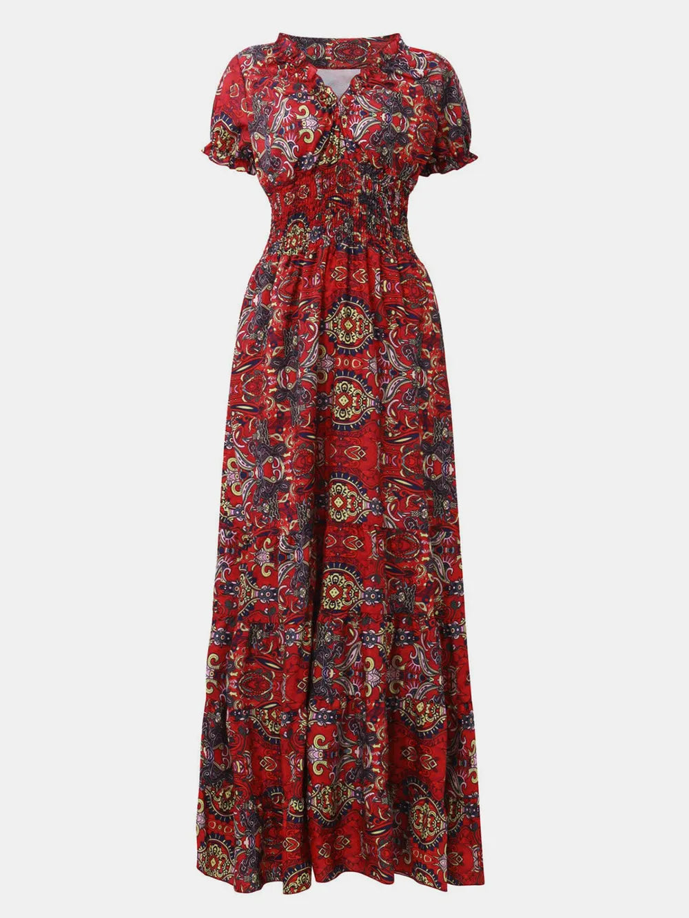 Women's Plus Size Short Sleeve V-Neck Printed Dress with Ruched Detail