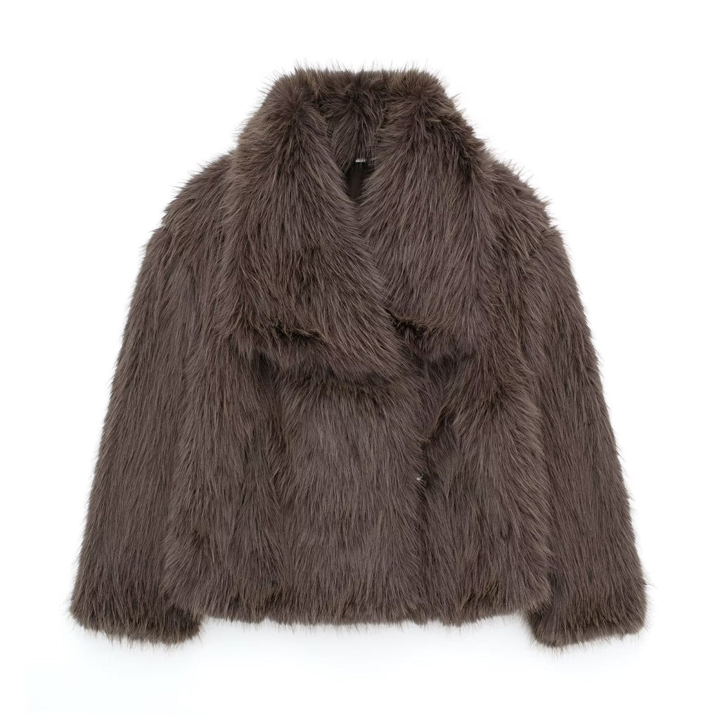 Women's Faux Fur Lapel Coat Warm Padded Winter Coat - Brown
