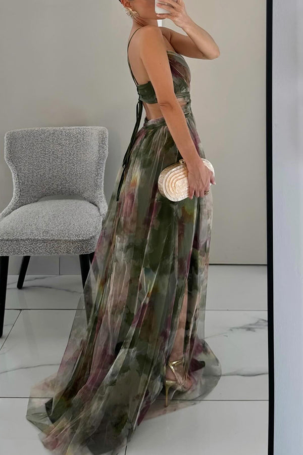Women's Fitted Mesh Wedding Guest Maxi Dress with Thin Straps