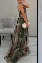 Women's Fitted Mesh Wedding Guest Maxi Dress with Thin Straps