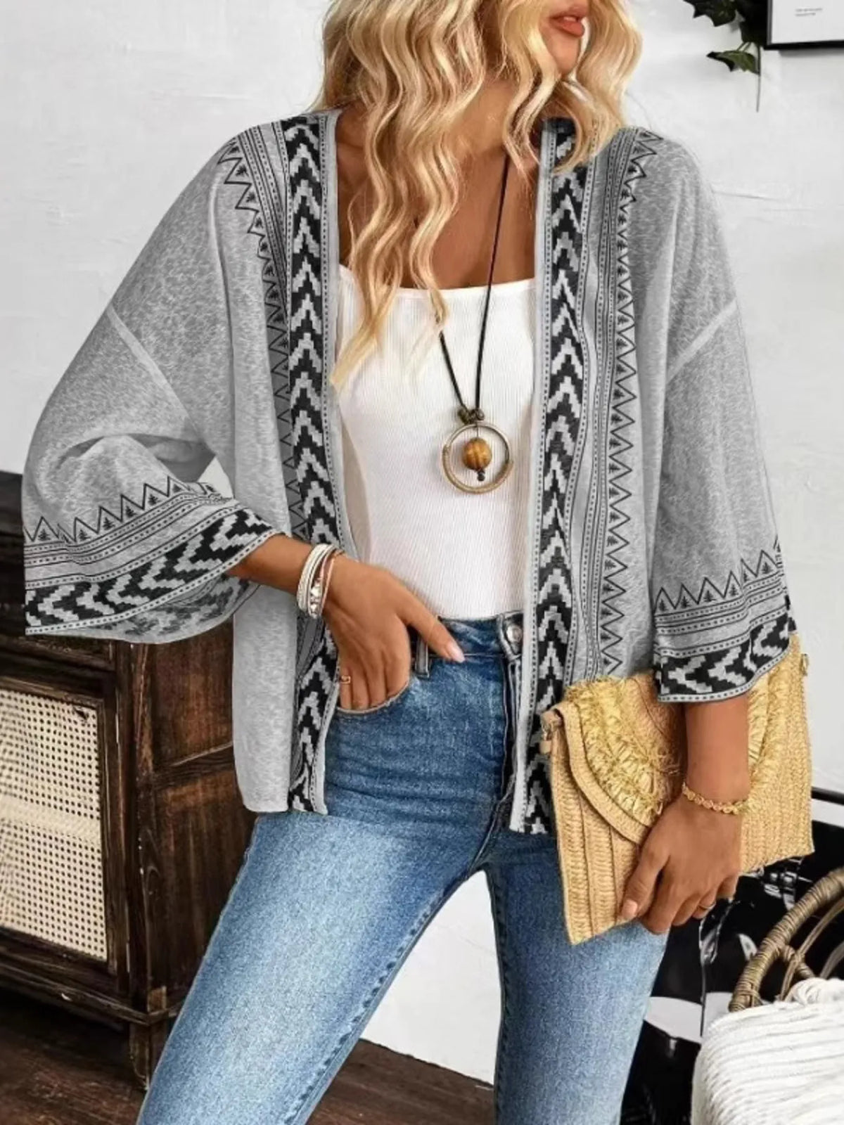Women's Open Front Kimono Cardigan Lightweight Boho Summer Jacket - Light Gray