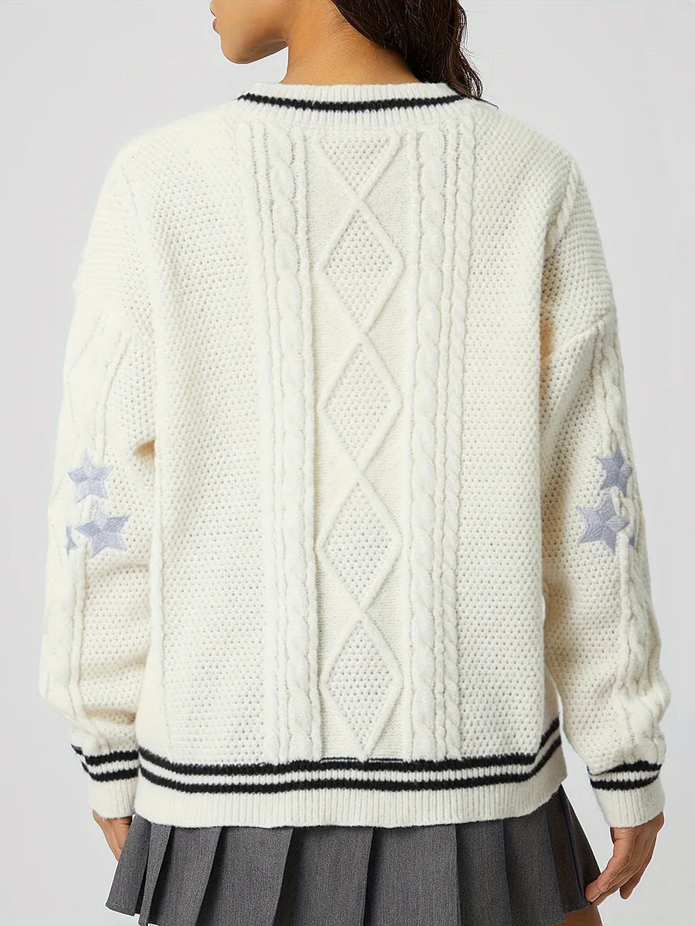 Women's V-Neck Long Sleeve Star Embroidered Knit Cardigan
