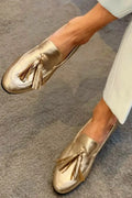 Women's Metallic Gold Tassel Loafers with Decorative Stitching