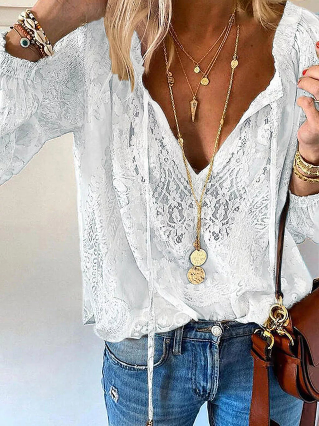 Women's Lace Tie-Neck Blouse
