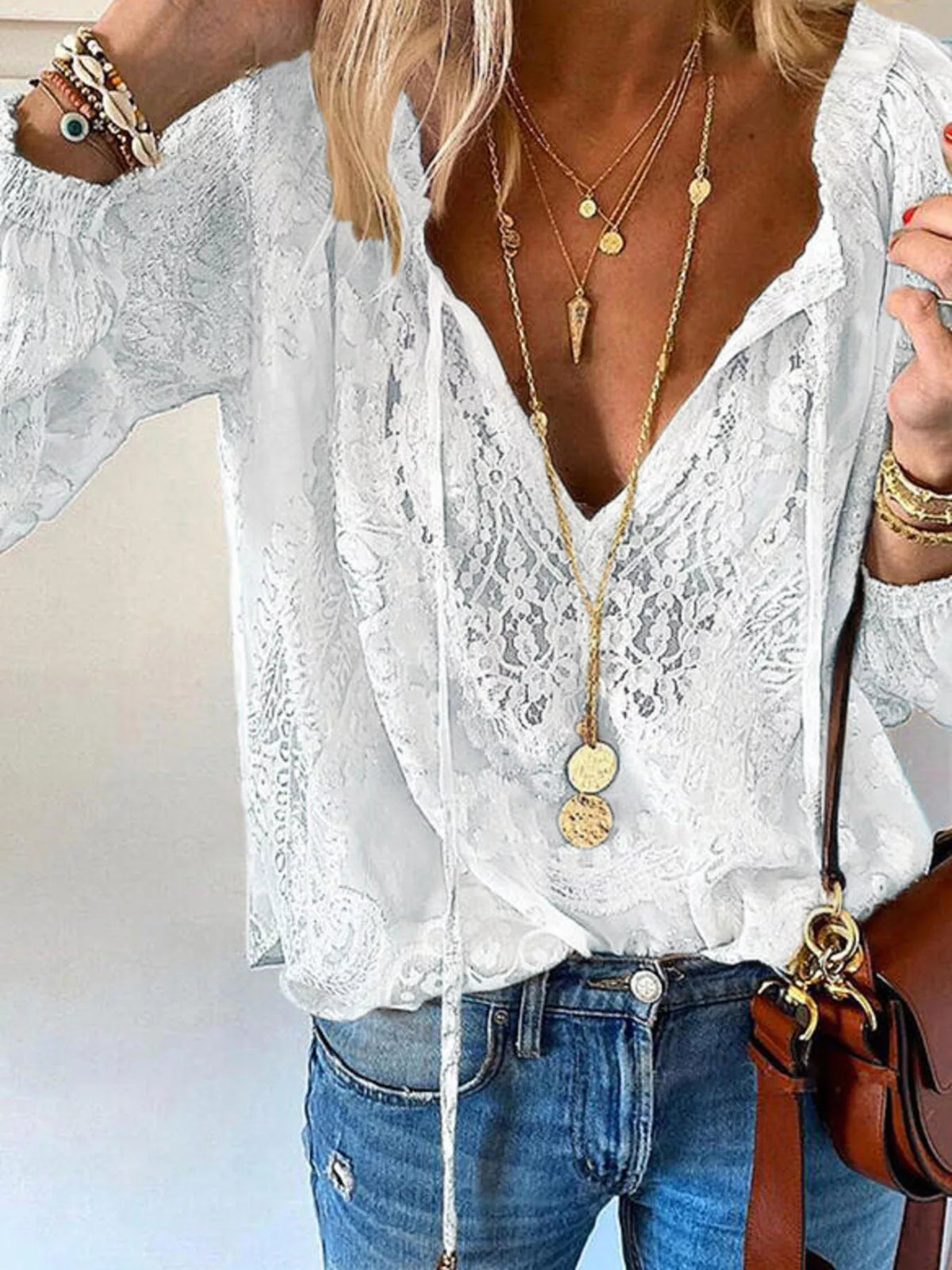 Women's Lace Tie-Neck Blouse