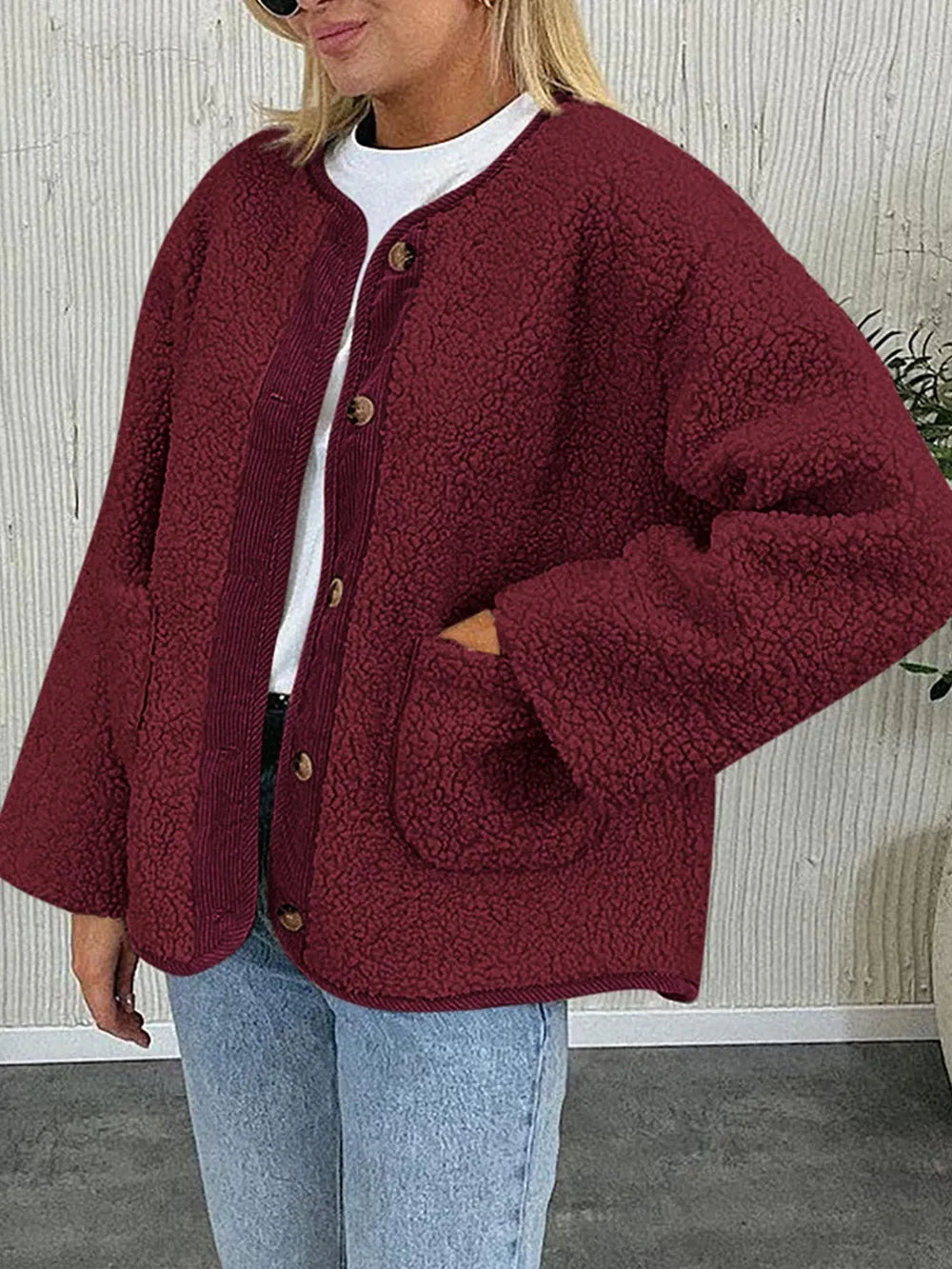 Women's Two-Tone Sherpa Button-Up Jacket with Pockets