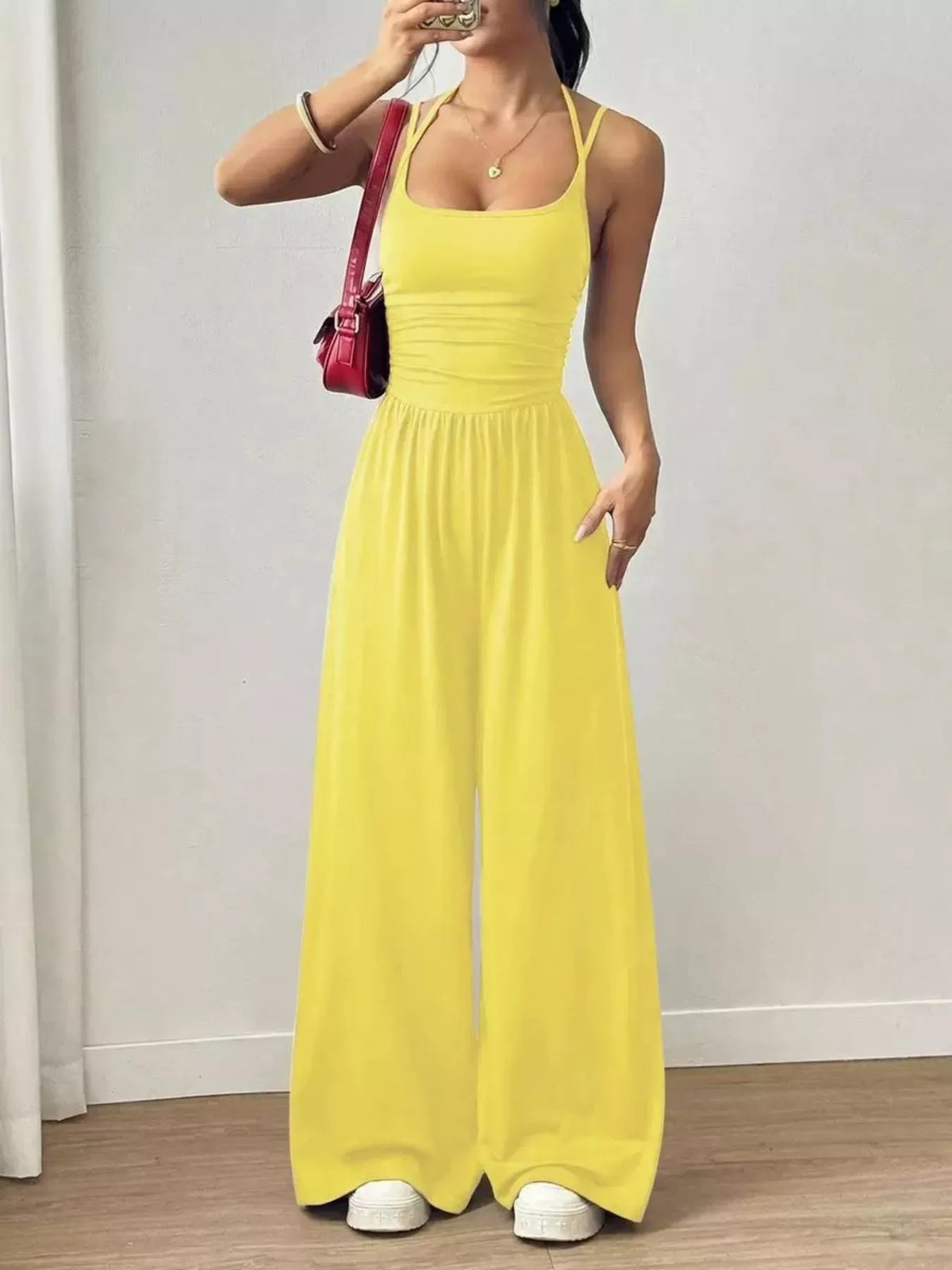 Women's Spaghetti Strap Wide-Leg Jumpsuit - Yellow