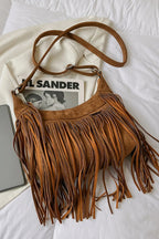 Women's Suede Fringe Shoulder Bag with Adjustable Strap
