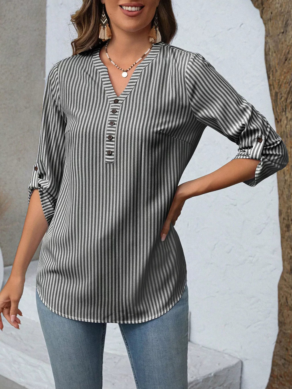 Women's Striped V-Neck Roll-Up Sleeve Blouse