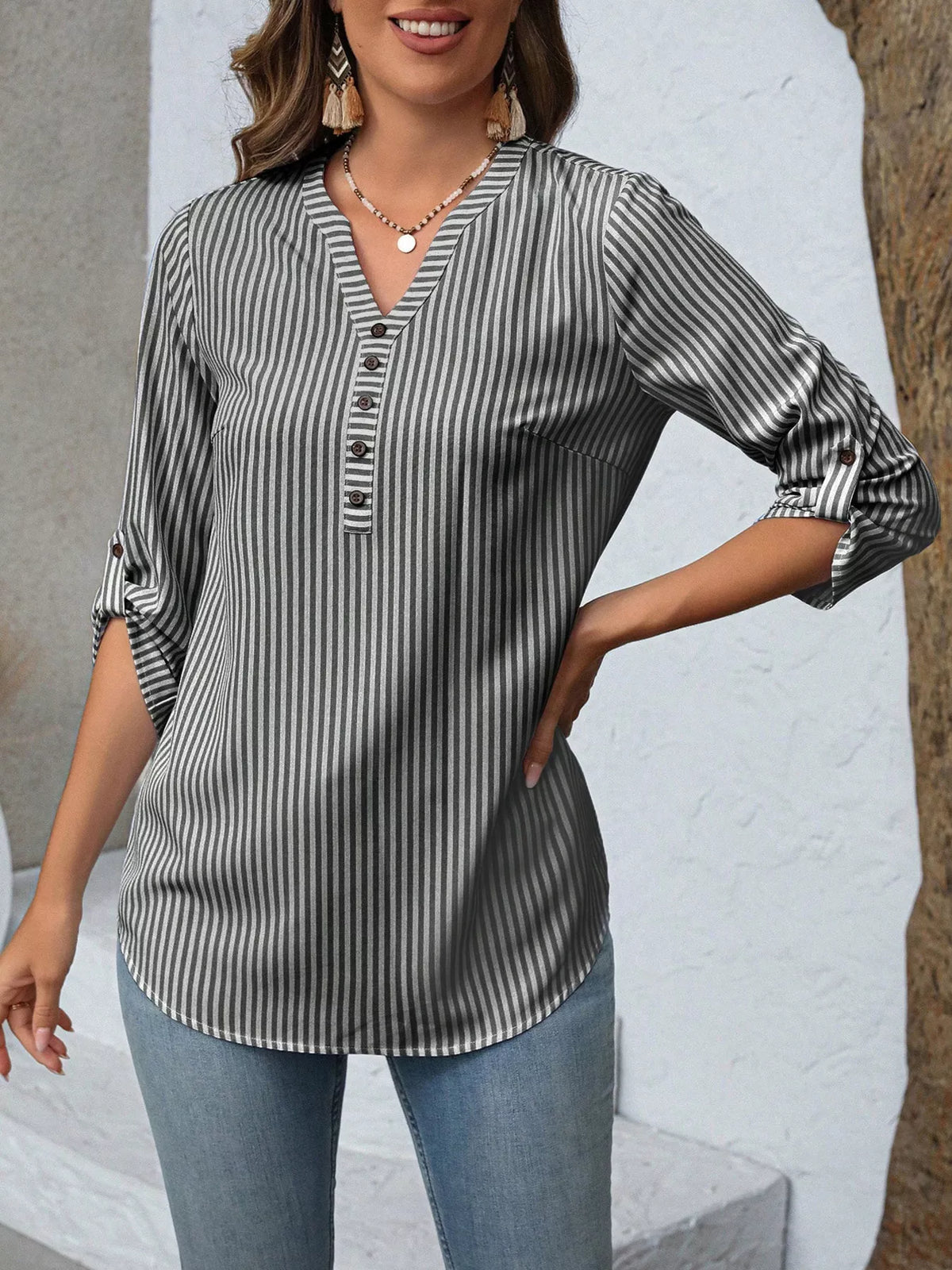 Women's Striped V-Neck Roll-Up Sleeve Blouse