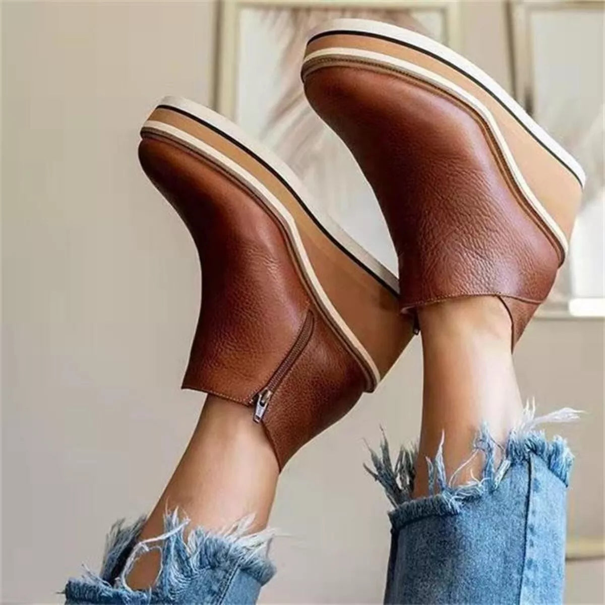Women's Comfortable Platform Wedge Ankle Boots for Fall and Winter - Dark Brown