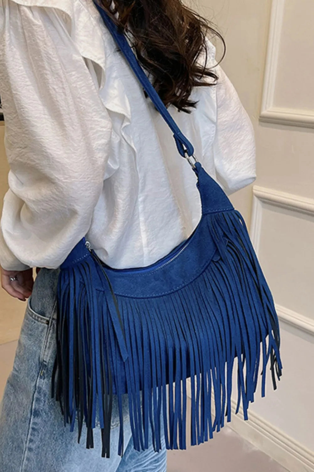 Women's Suede Fringe Shoulder Bag with Adjustable Strap