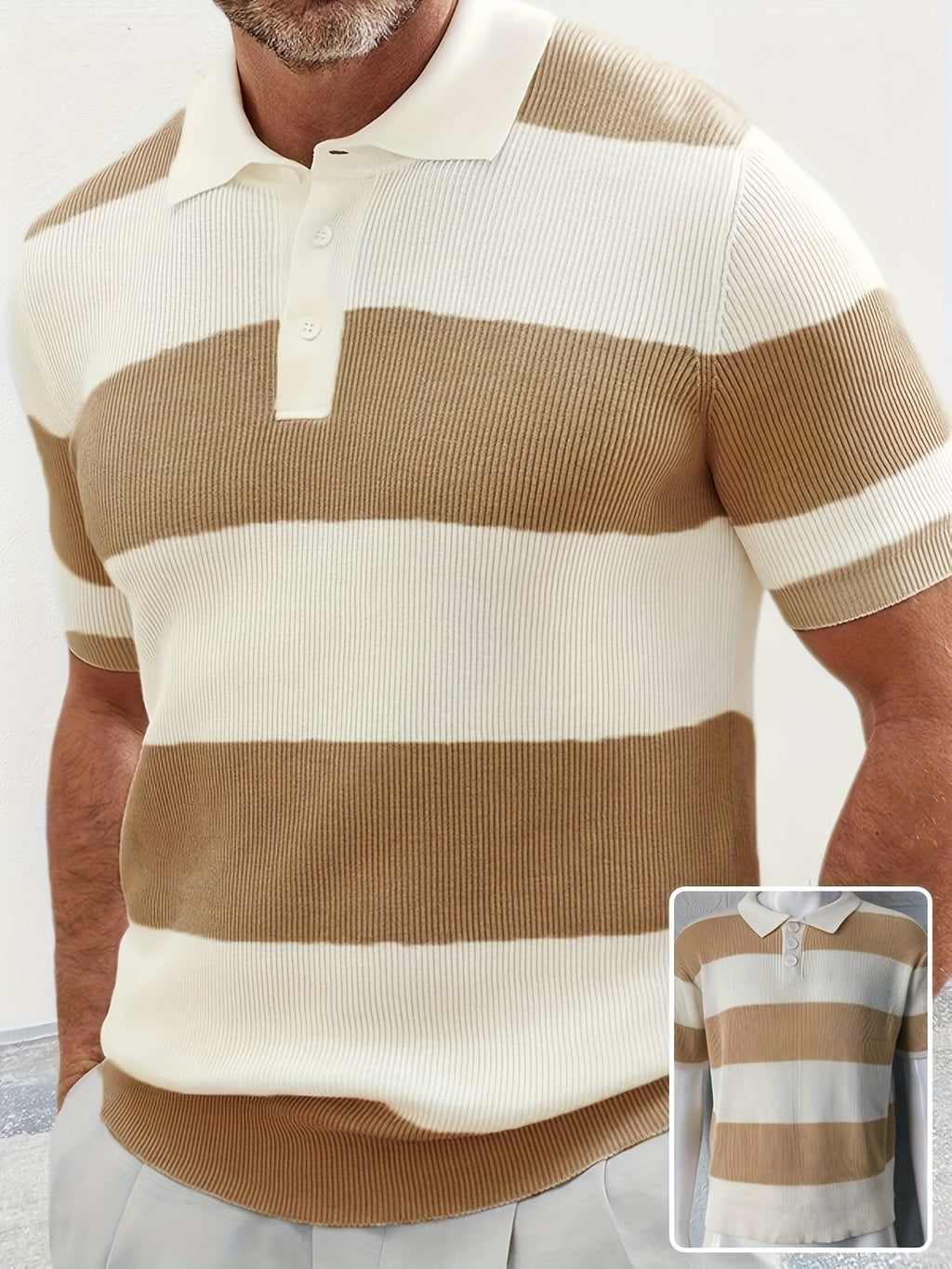 Men's Short Sleeve Knit Polo Casual Summer Style - Beige