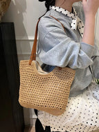 Women's Woven Straw Shoulder Bag - Camel
