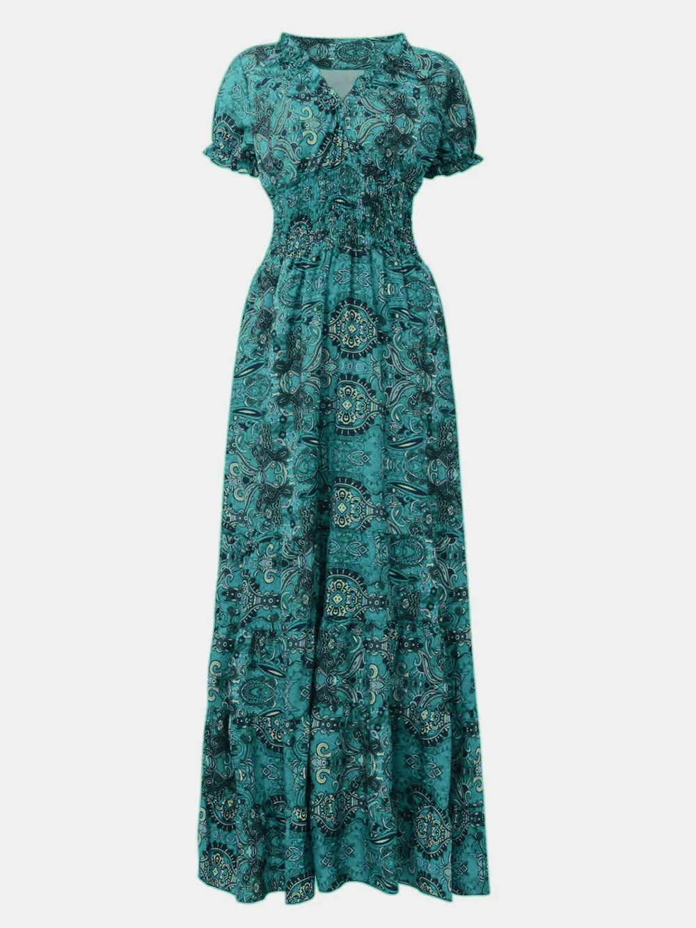Women's Plus Size Short Sleeve V-Neck Printed Dress with Ruched Detail