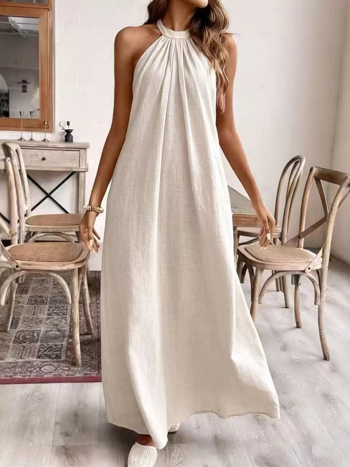 Women's Halter Neck Maxi Dress - Cream White
