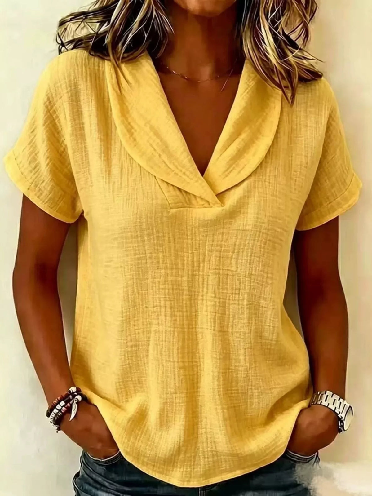 Women's Plus Size Casual Textured Short Sleeve Blouse - Yellow