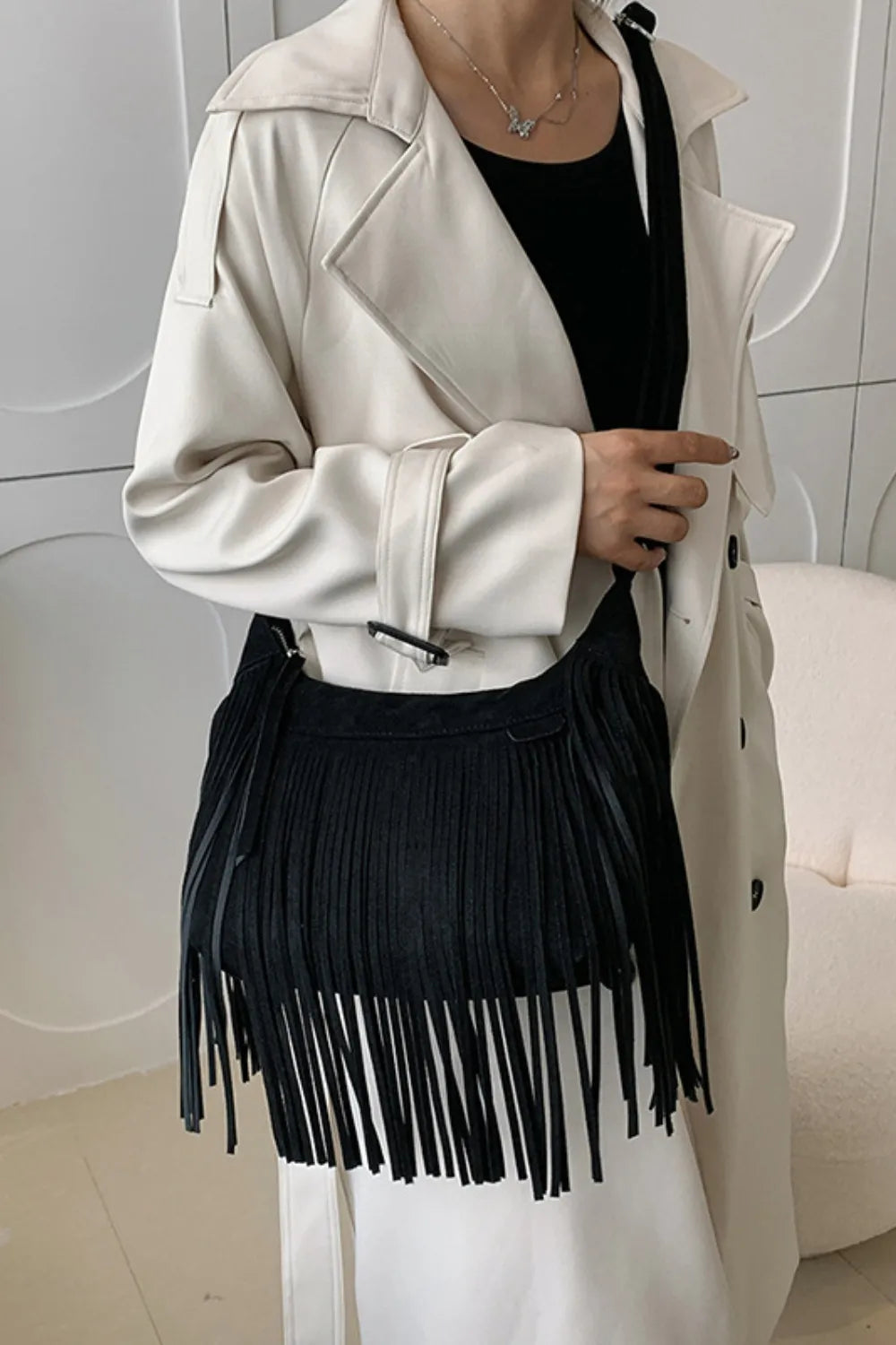 Women's Suede Fringe Shoulder Bag with Adjustable Strap