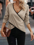 Women's Long Sleeve Wrap Neck Top with Contrast Trim - Khaki