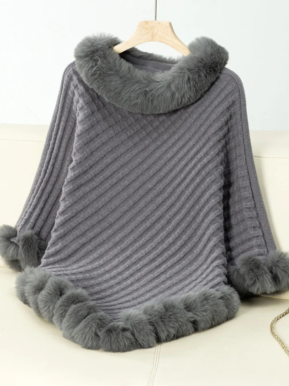Women's 3/4 Sleeve Poncho with Faux Fur Trim Textured Cape - Dark Gray