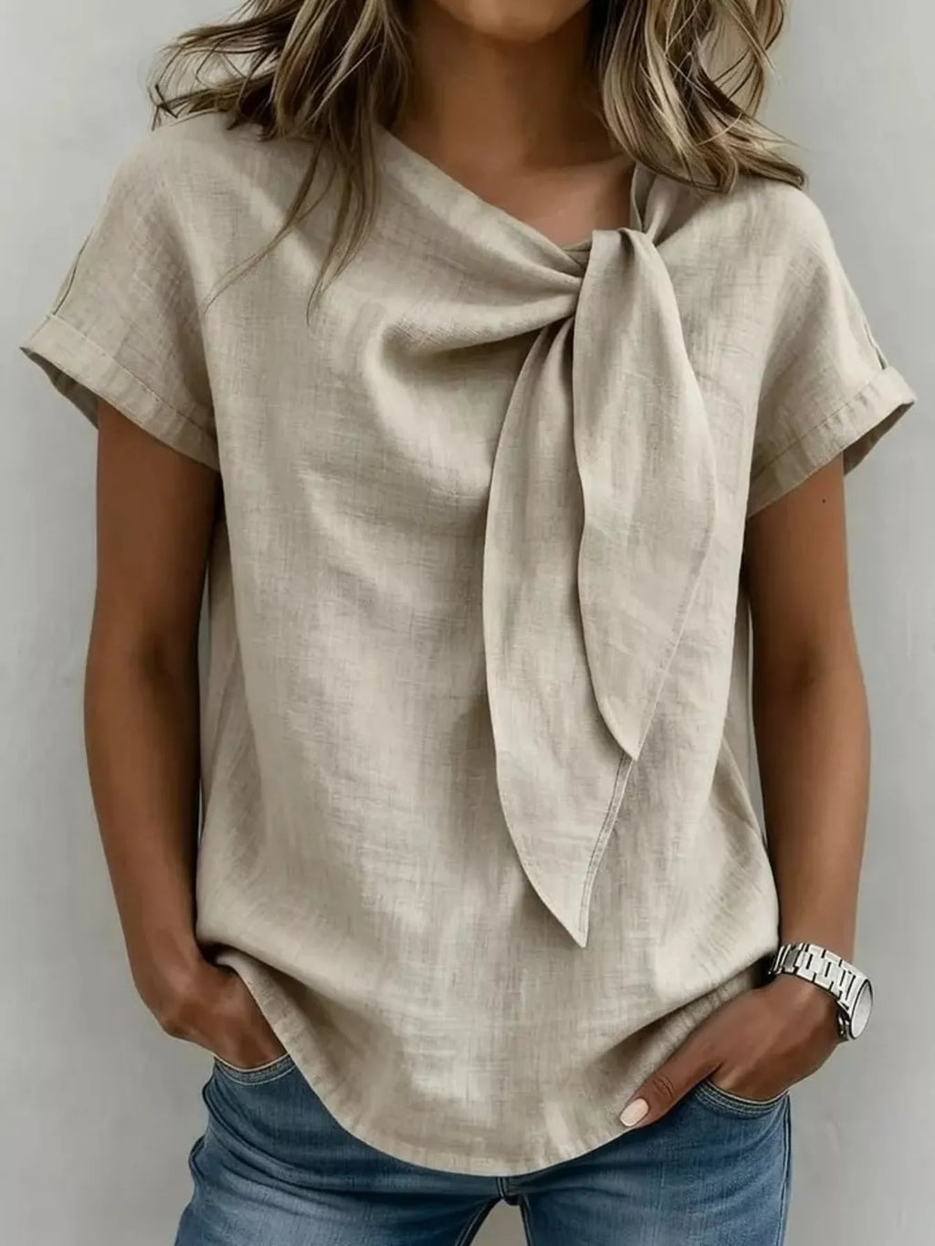 Women's Plus Size Tie-Neck Short Sleeve Blouse - Khaki