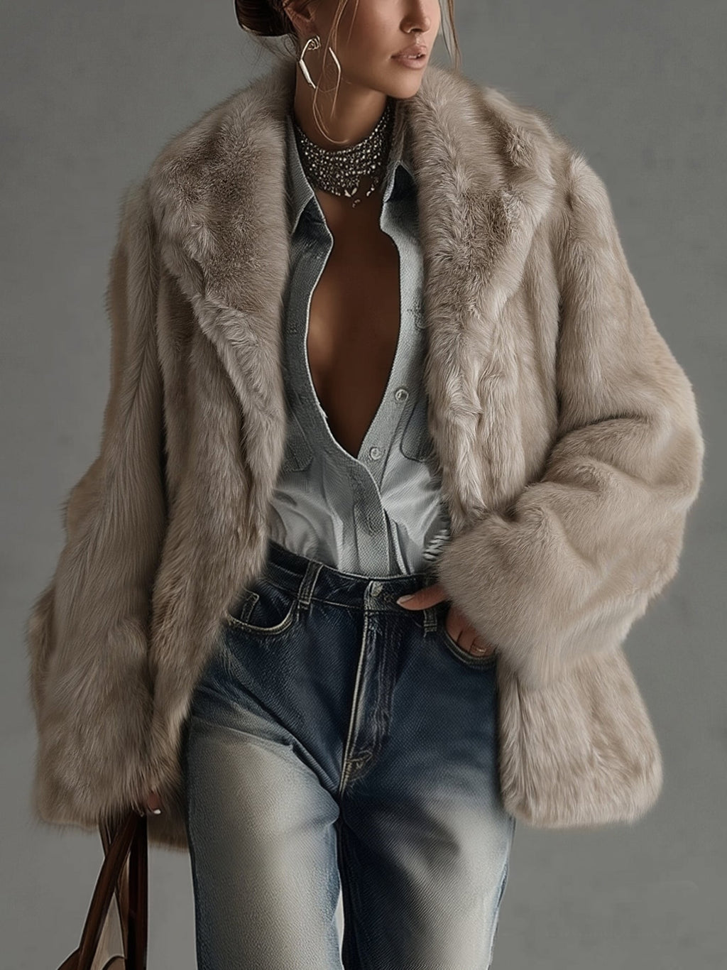 Women's Oversized Taupe Faux Fur Coat