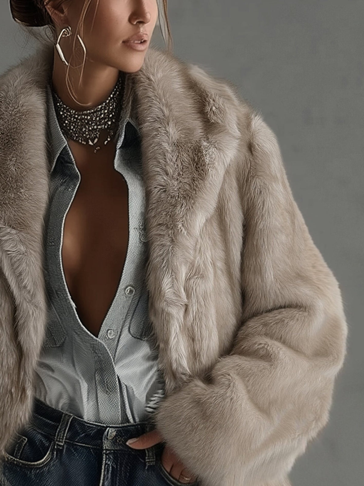 Women's Oversized Taupe Faux Fur Coat