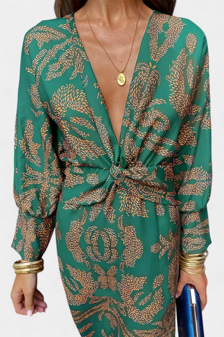 Women's V-Neck Knot-Front Maxi Dress - Green