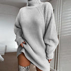 Women's Turtleneck Knit Sweater Dress for Winter - Light Gray