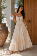 Women's Sweetheart Neck Maxi Dress with Built-In Cups - Beige