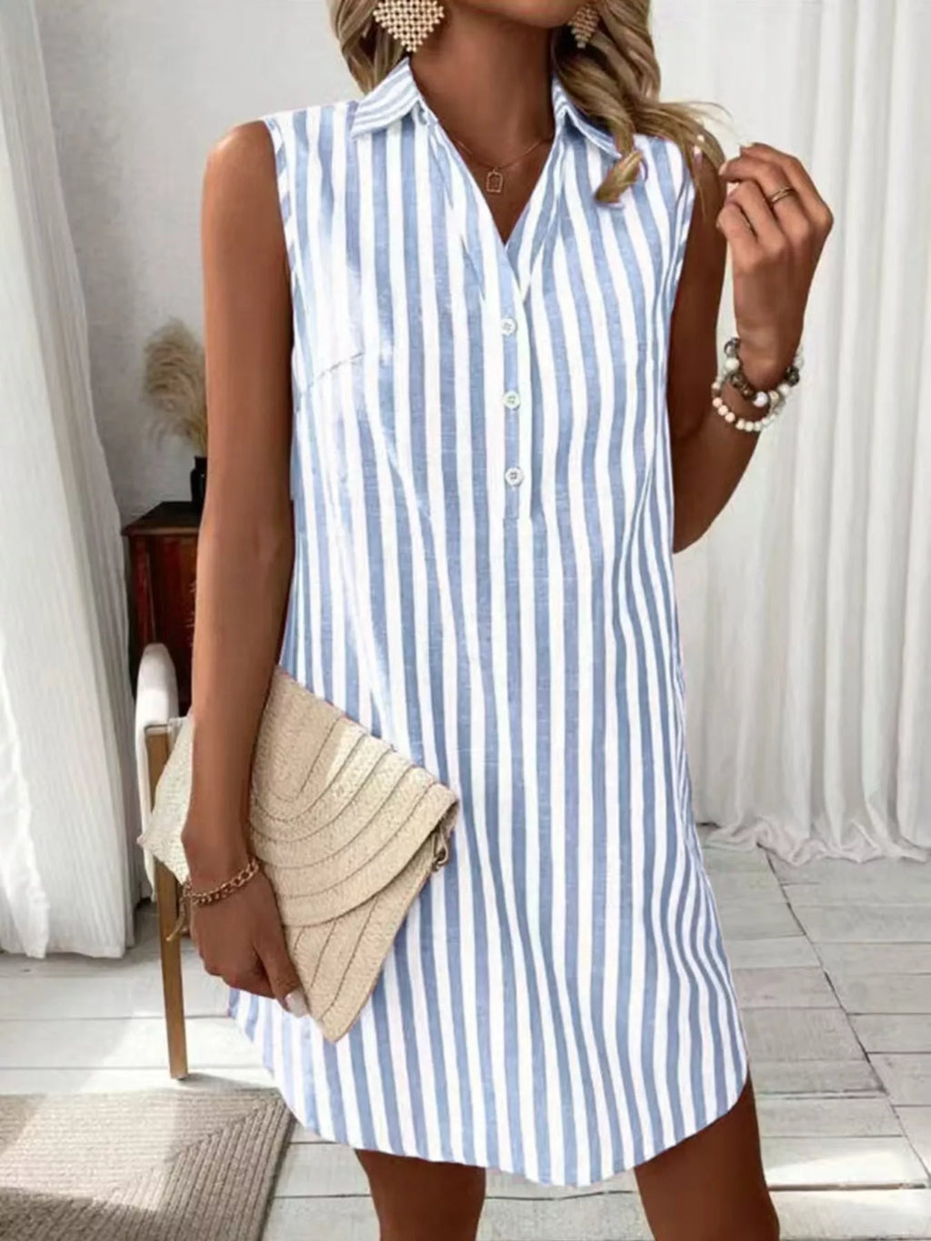 Women's Sleeveless Striped Shirt Dress with Button Detail - Light Blue