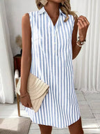 Women's Sleeveless Striped Shirt Dress with Button Detail - Light Blue