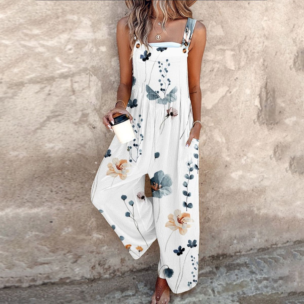 Women's Black Overalls with Large White Daisy - White